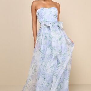 Lulus Charming Sweetness Periwinkle Floral Organza Pleated Maxi Dress Blue